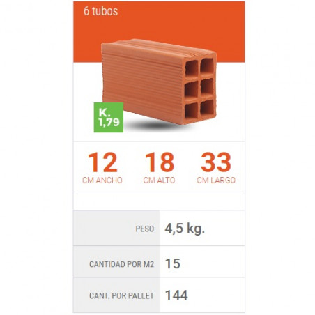 Ladrillo ceramico hueco 12x18x33 cm 6 tubos