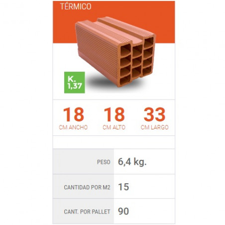 Ladrillo ceramico hueco 18x18x33 cm 11 tubos