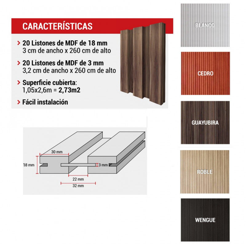 caja Revestimiento alistonado wall panel MDF cedro