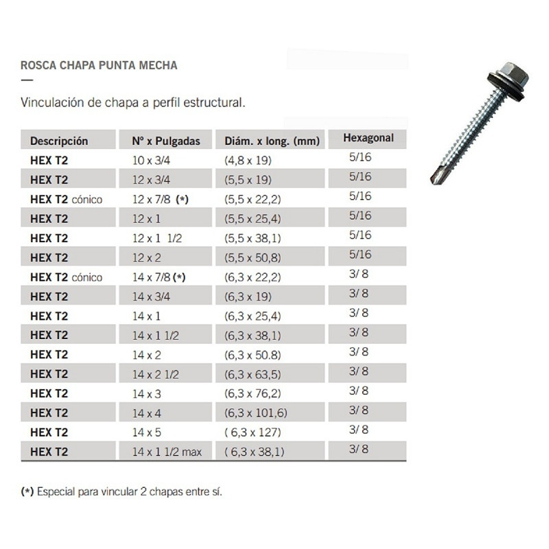 tornillo autoperforante Hex T2 14 x 2 1/2"