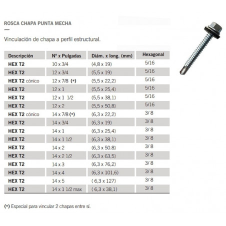 tornillo autoperforante Hex T2 14 x 2 1/2"
