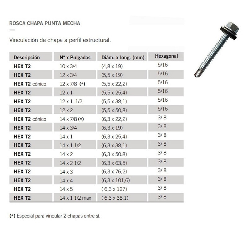 Tornillo autoperforante Hex T2 14 x 5"